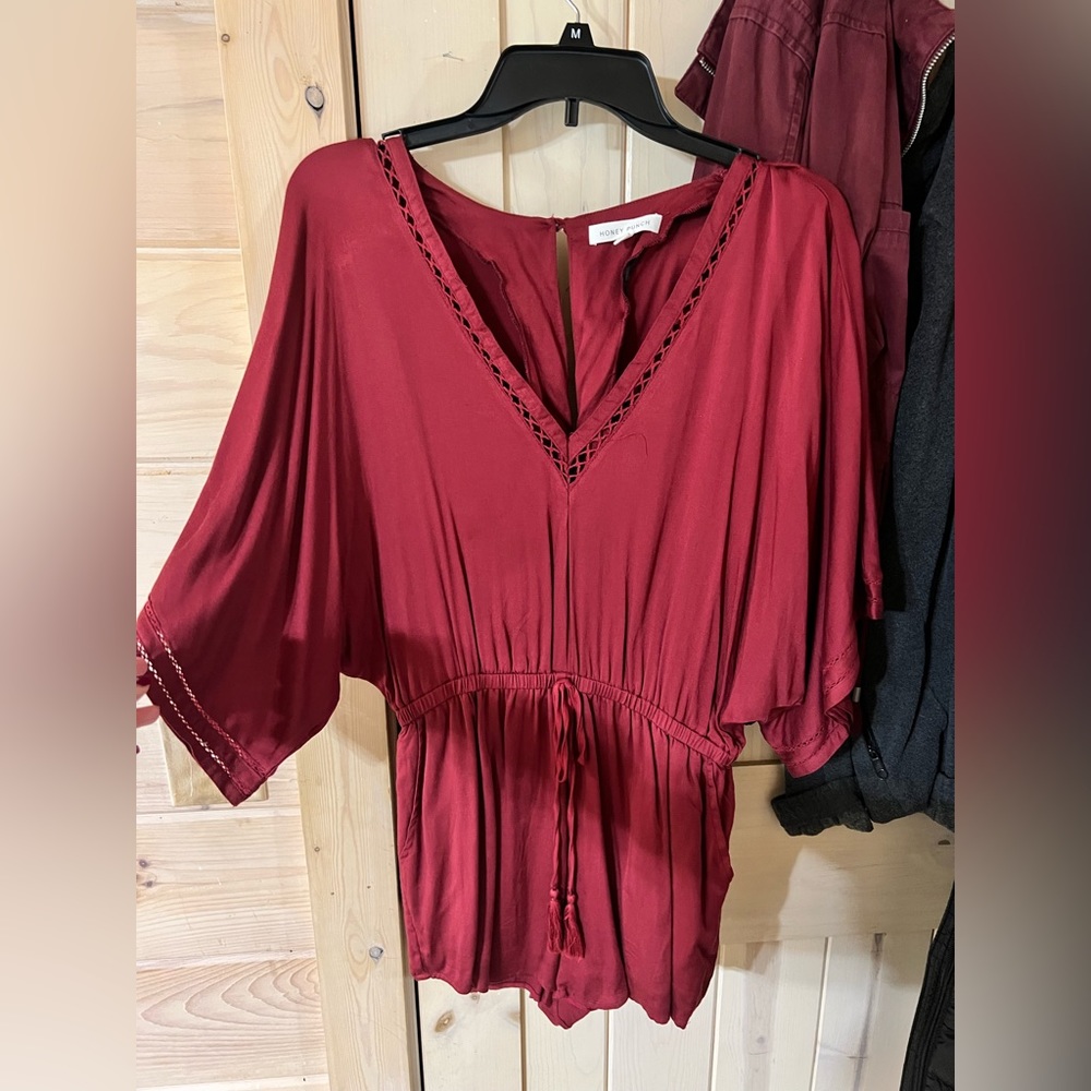 Burgundy shorts romper V neck